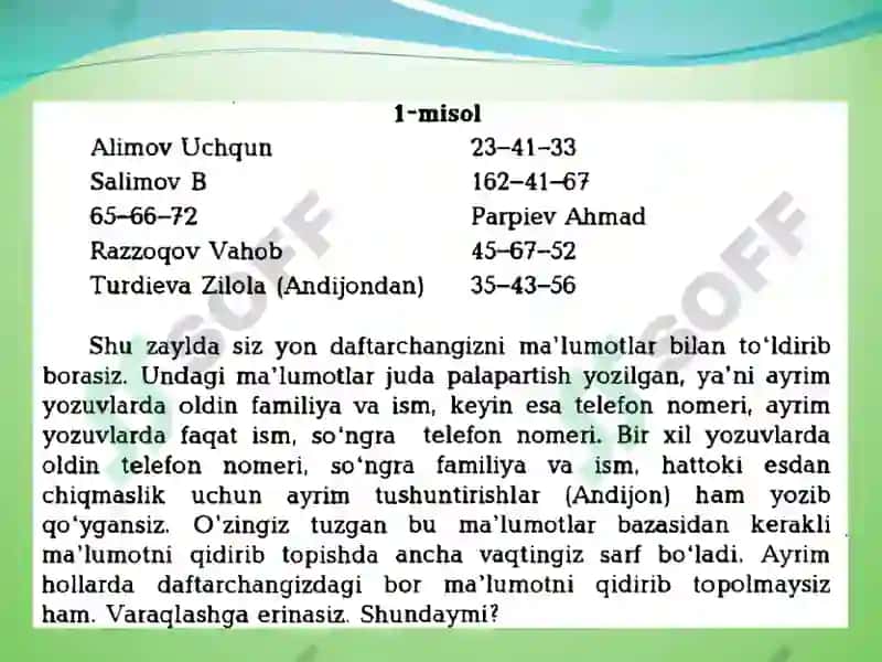 Ma’lumotlar bazasining maqsadi, vazifalari va asosiy tushunchalari 7