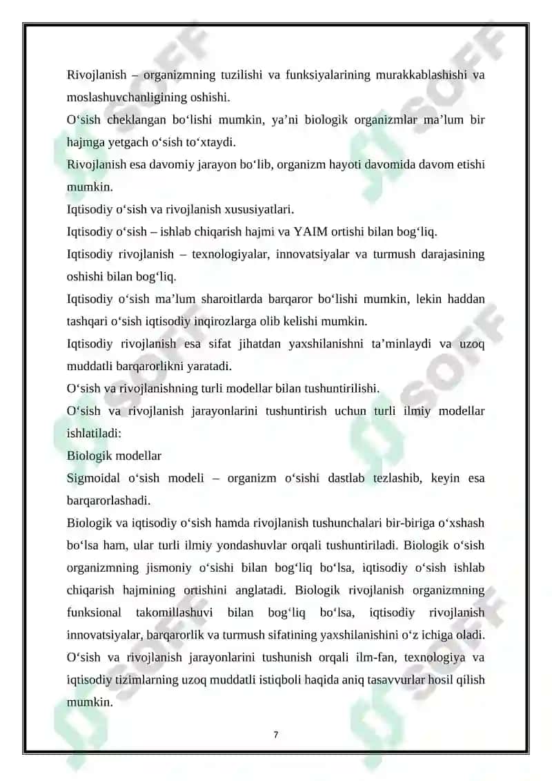 Oʻsish va rivojlanishining sodda modeli 7