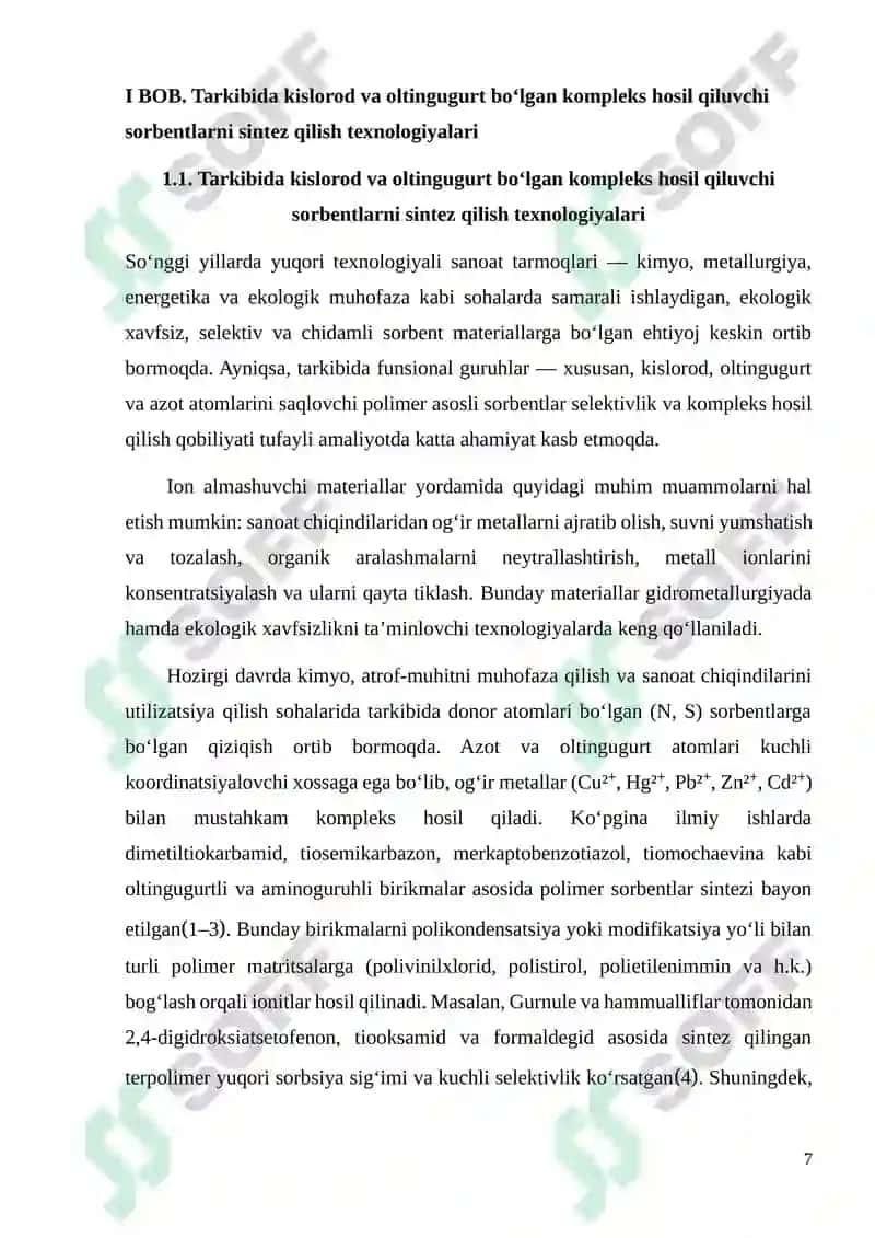 Tarkibida oltingugurt va azot bo`lgan sorbentlar sintezi va ularning qo`llanilishi 7