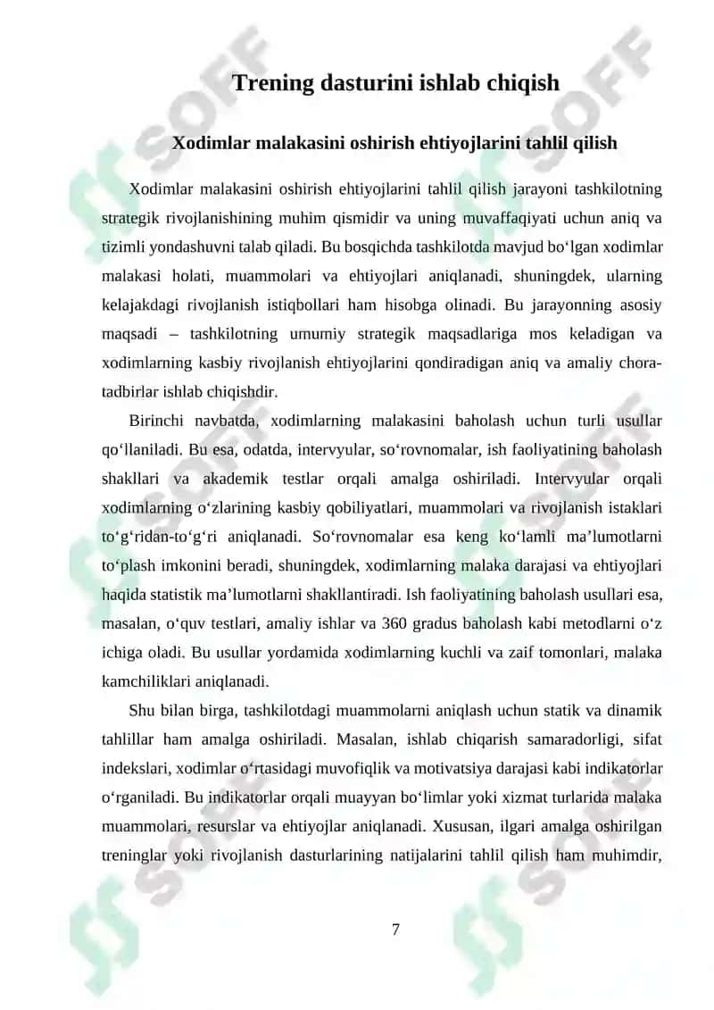 Xodimlar malakasini oshirish boʻyicha trening dasturi ishlab chiqish, muammoni aniqlash yechimlarini loyiha shaklida tayyorlash 7