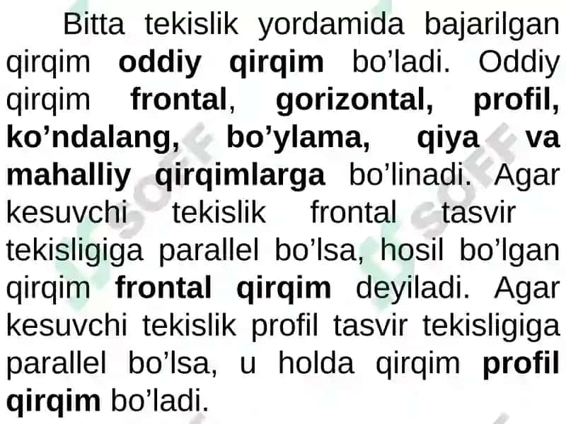 Qirqim va kesim. Og'ma kesim va uning haqiqiy kattaligini yasash 7