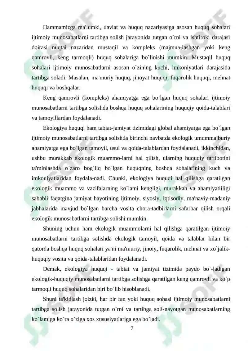 O‘zbekiston Respublikasida ekologiya huquqi rivojlanishing aholi ekologik ongiga ta’siri (BITIRUV  MALAKAVIY ISHI) 7