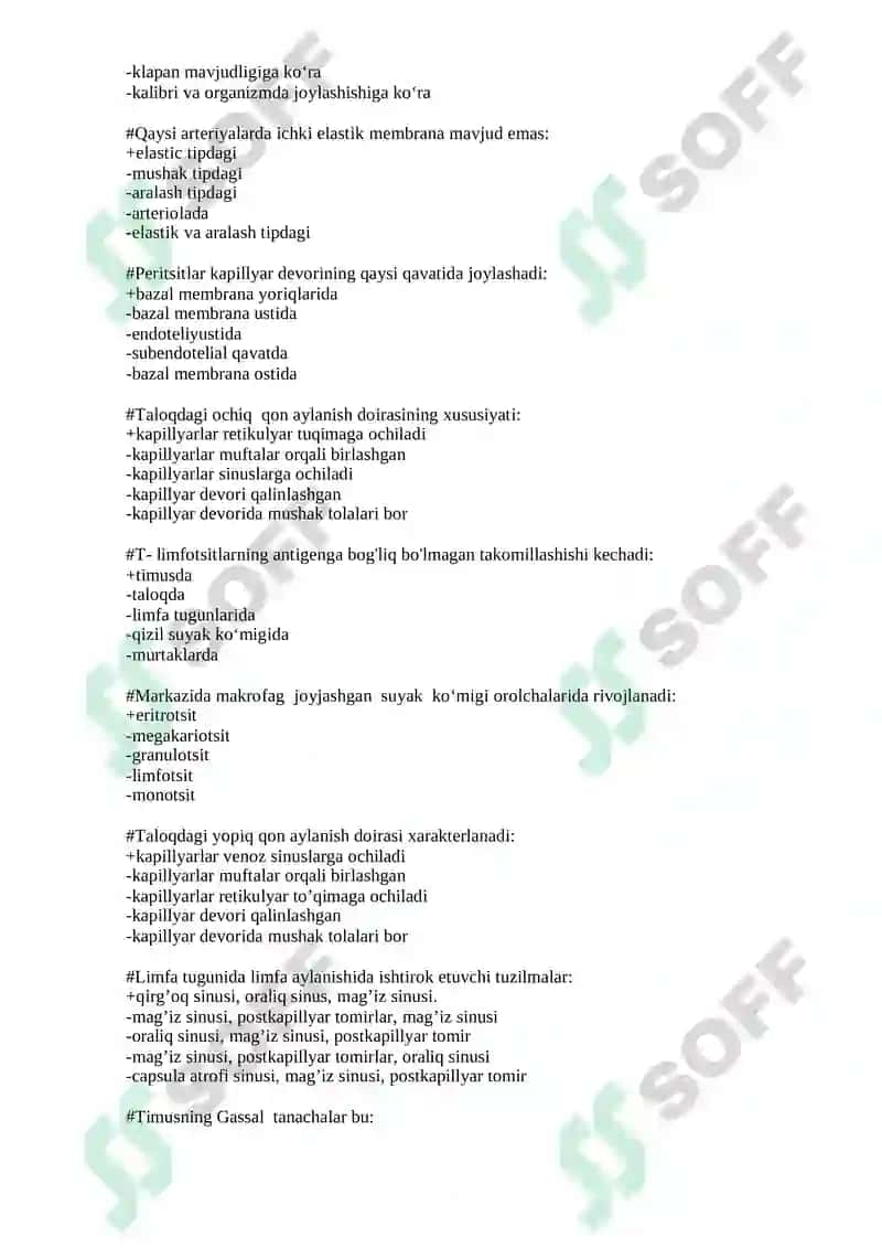 GISTOLOGIYA, SITOLOGIYA, EMBRIOLOGIYA FANIDAN SINOV TEST SAVOLLARI TO’PLAMI 7