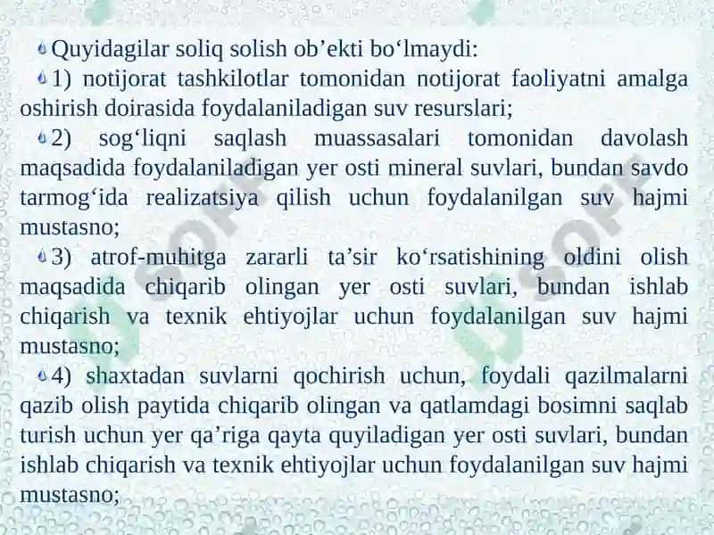 Suv resurslaridan foydalanganlik uchun soliq 7