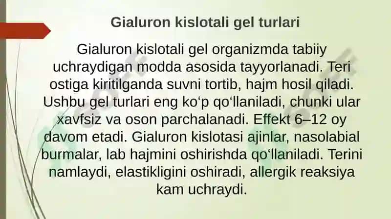 Konturli in'eksion plastika. Gel turlari va ularning tasnifi (biologik-kollagen, gialuron kislota, polilaktik kislota, sintetik-silikon). Kiritish texnikasi va usullari. Ko'rsatmalar. Qarshi ko'rsatmalar. Nojo'ya ta'sirlari 7