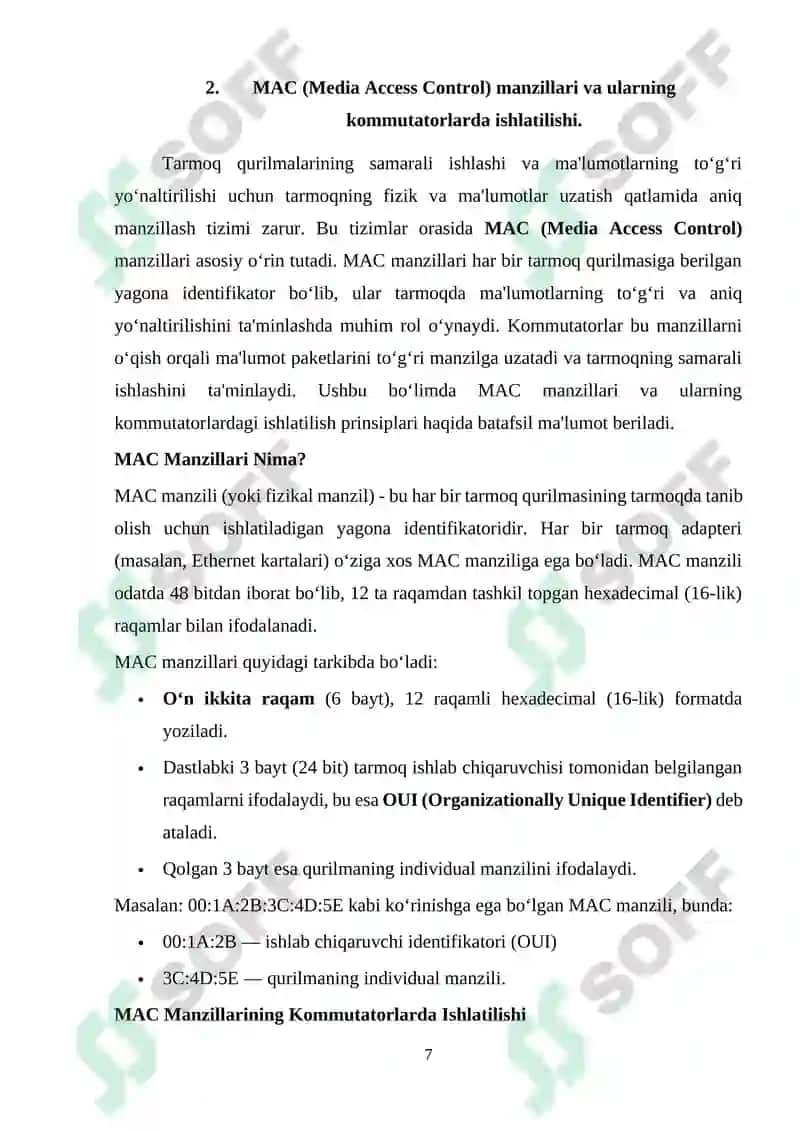 Kanal pog‘onasining protokollari (Frame Relay, ATM, Ethernet). Kommutatorning funksional modeli, turlari va MAC-jadvalning ishlash tamoyillari 7