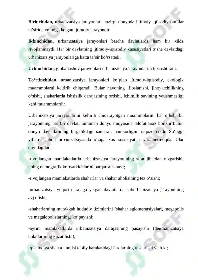 Urbanizasiya jarayoni va shaharlar geografiyasi 7