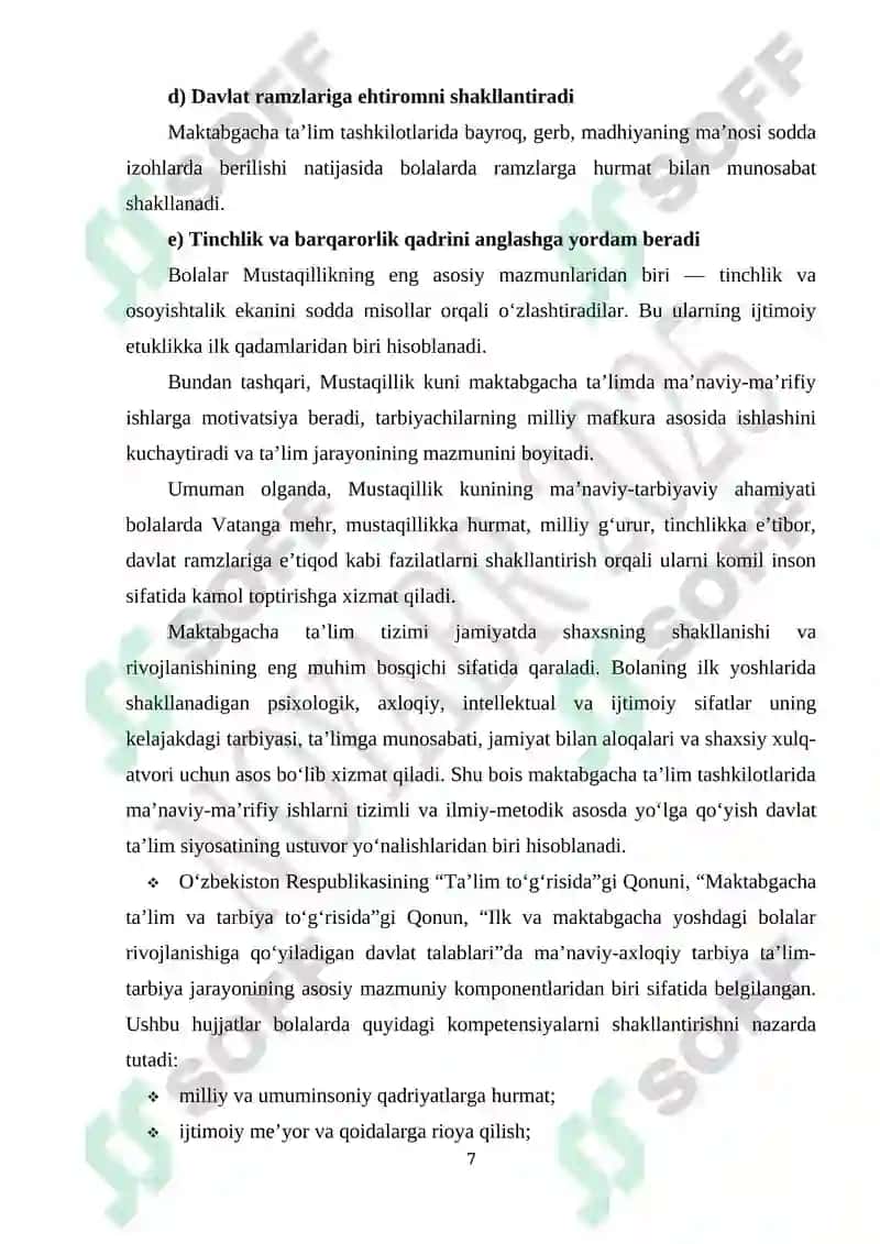 Maktabgacha ta'lim tashkilotlarida "O'zbekiston Respublikasining Mustaqillik kuni" munosabati bilan ma'naviy-ma'rifiy tadbirlarni tashkil etish loyixasi 7