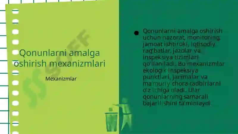 O'zbekiston Respublikasi tabiatni asrashga doir qonunlarni o'rganish va tahlil qilish. 7