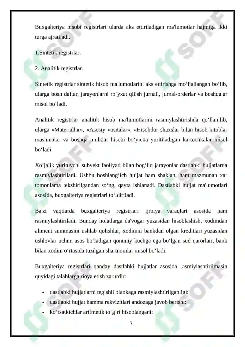 Hisob registrlari va shakllari haqida tushuncha va ularning Buxgalteriya hisobidagi roli va ahamiyati 7