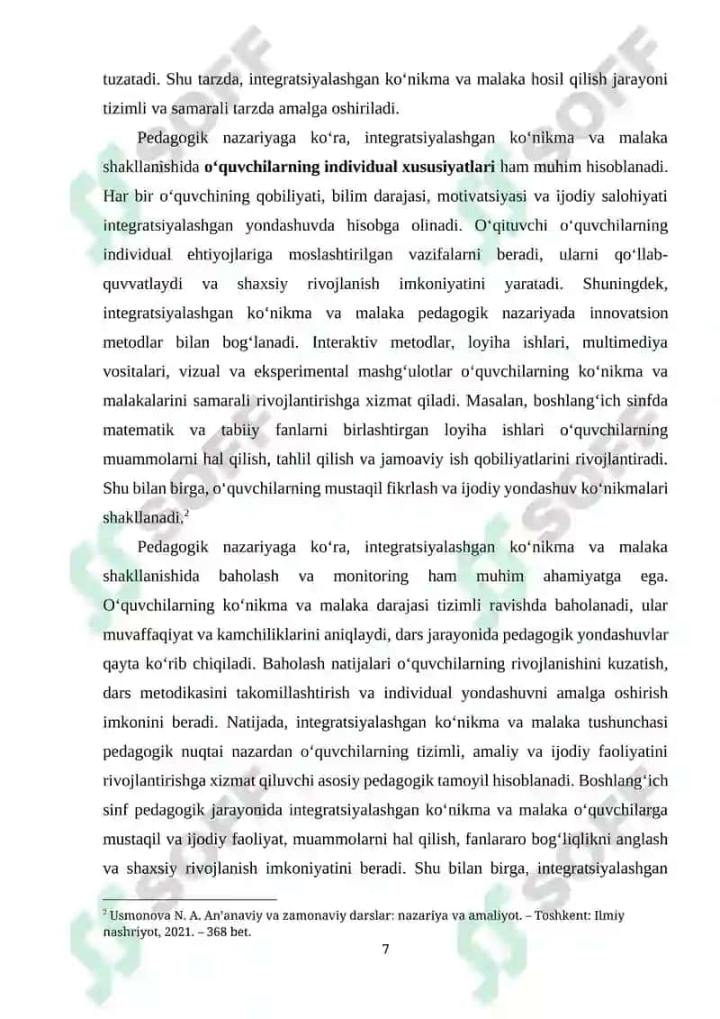 BOSHLANG’ICH SINFDA INTEGRATSIYALASHGAN KO’NIKMA VA MALAKA HOSIL QILISHNING O’ZIGA XOSLIGI 7