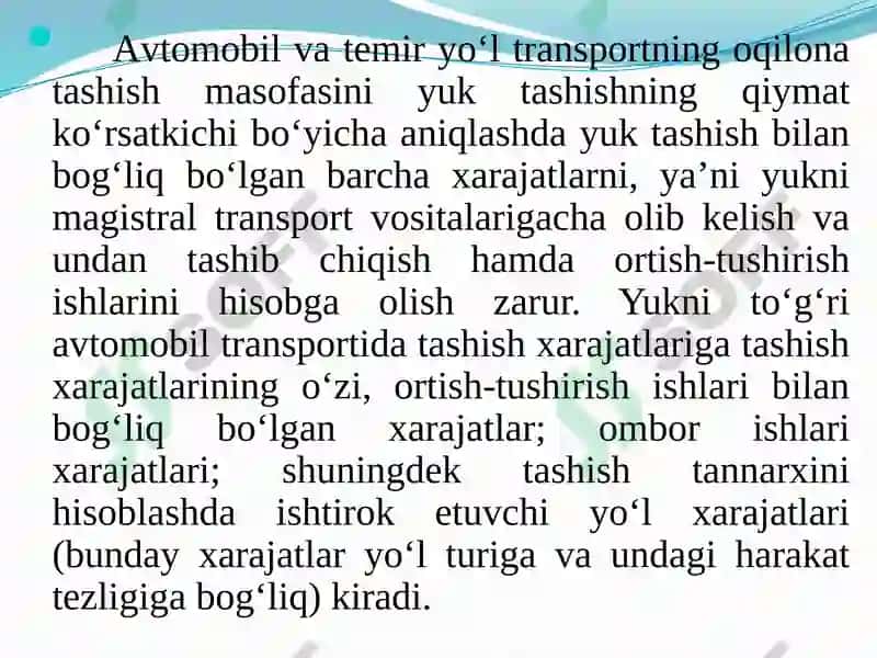 Trаnsportning аsosiy turlаri о‘rtаsidа yuk vа pаssаjir tаshishni оqilonа tаqsimlаsh 7