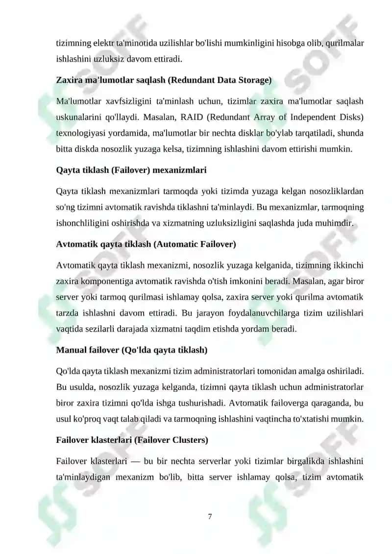 Ma'lumotlar uzatish tarmoqlarining ishonchlilik ko`rsatkichlariga talablar va ularni oshirish usullari. 7