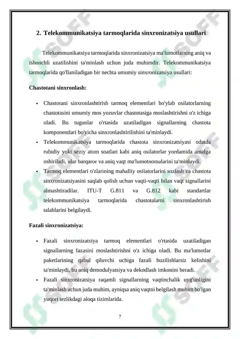 Sinxron raqamli telekommunikatsiya tarmoqlarida qoʻllaniladigan tizimlar tahlili 7
