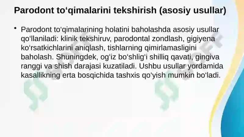 Tish karashlari. Tish karashlarini tozalash usullari, asbob-uskunalar. Parodont to’qimasini patologiyasi bor bemorlarni tekshirish usullari (asosiy va qo’shimcha usullar). Parodont to’qimasini tuzilishi, funksiyasi. Parodont kasalliklarini tasnifi 7