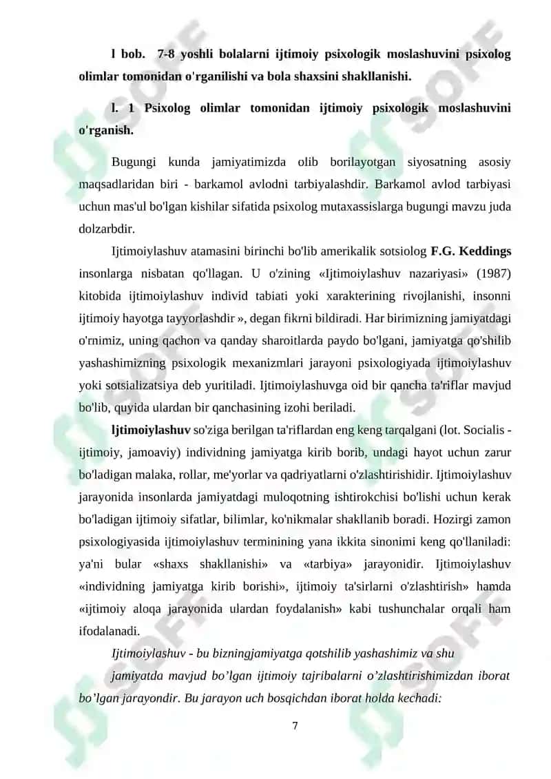 7-8 yoshli bolalarni ijtimoiy psixologik moslashuvini psixolog olimlar tomonidan o'rganilishi va bola shaxsini shakllanishi 7