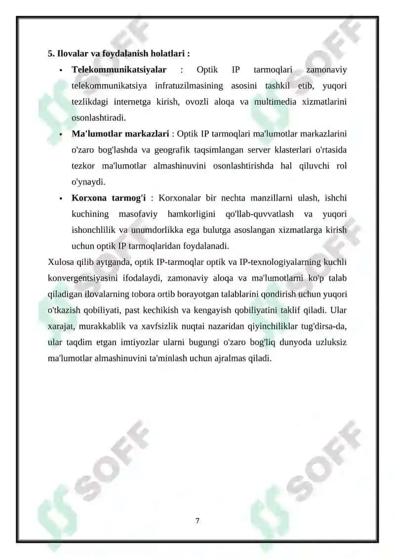 OPTIK IP -TARMOQLARDA XIZMAT KO‘RSATISH SIFATINING HUSUSIYATLARI 7