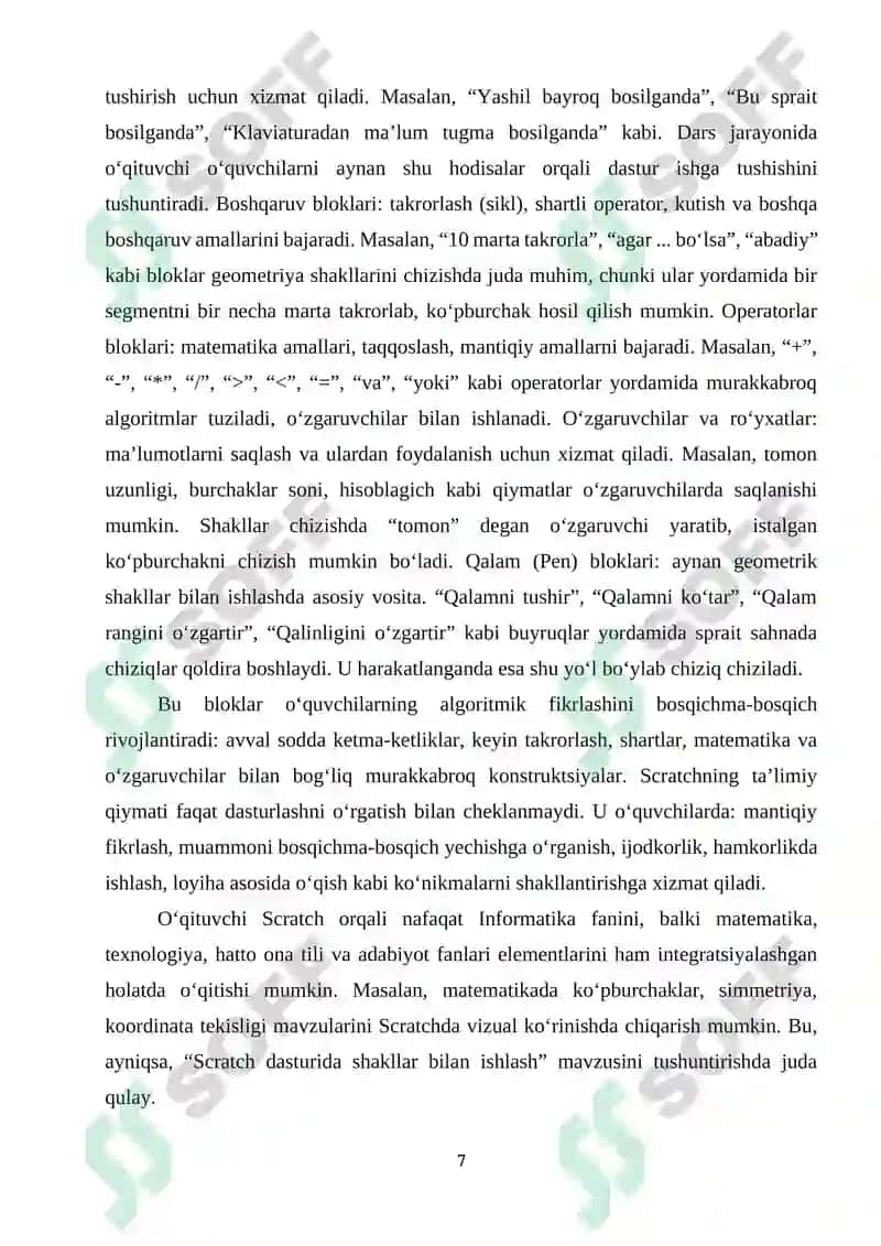 Umumiy orta talim maktablarining 6-sinfida Informatika va AT fanidan “Scratch dasturida shakllar bilan ishlash” mavzusini o‘qitishda interfaol metodlardan foydalanish 7