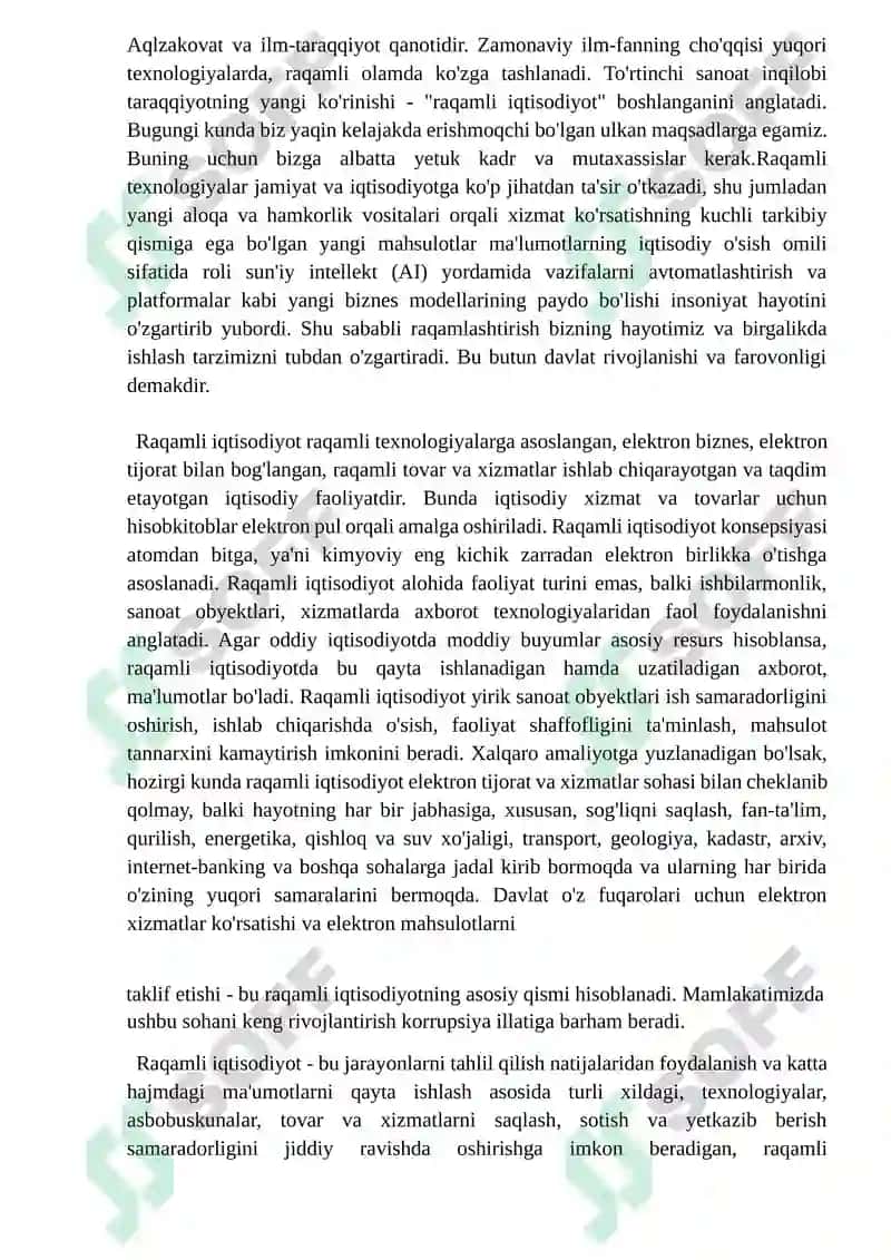 Raqamli iqtisodiyot. Raqamli iqtisodiyotning afzalliklari. O’zbekistonda raqamli iqtisodiyot. 7