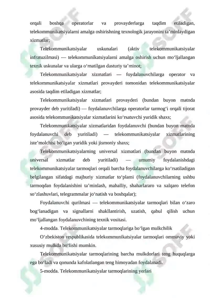 O‘ZRDA AXBOROTLASHTIRISH SOHASIDAGI ASOSIY QONUNLAR. TELEKOMMUNIKATSIYALAR TO‘G‘RISIDA QONUN. OPTIK ALOQA TIZIMLARINING TELEKOMMUNIKATSIYA TARMOQLARIDAGI O‘RNI VA AFZALLIKLARI. 7