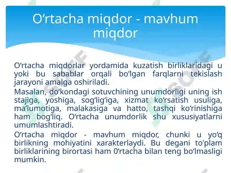 Statistik ko‘rsatkichlar. O‘rtacha miqdorlar. Variatsiya ko‘rsatkichlari 7