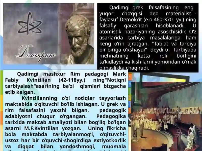 Engqadimgizamonlardan toeramizning VII asrigacha bo’lgan davrlar do’qituvchi-ustoz, shogird va ularning jamiyatdagi o’rni, mahorati haqida pedagogik fikrlar 7