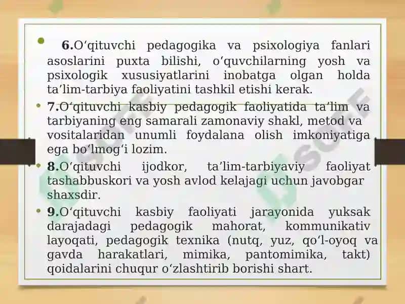 Hozirgi davrda oʻqituvchilarning kasbiy mahoratini takomillashtirish. Oʻqituvchi  faoliyatida   pedagogik  qobiliyat va uning turlari. 7