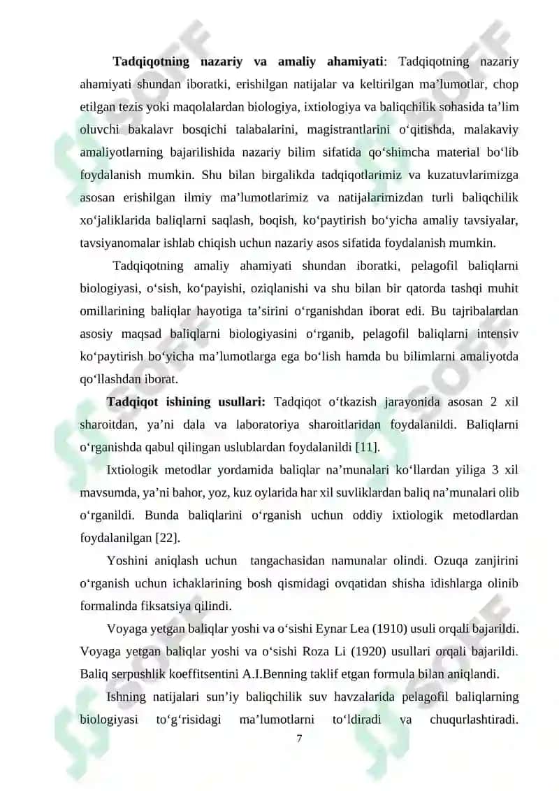 KATTAQO‘RG‘ON SUV OMBORIDA YETISHTIRILADIGAN PELAGOFIL BALIQLARNING BIOEKOLOGIYASI 7
