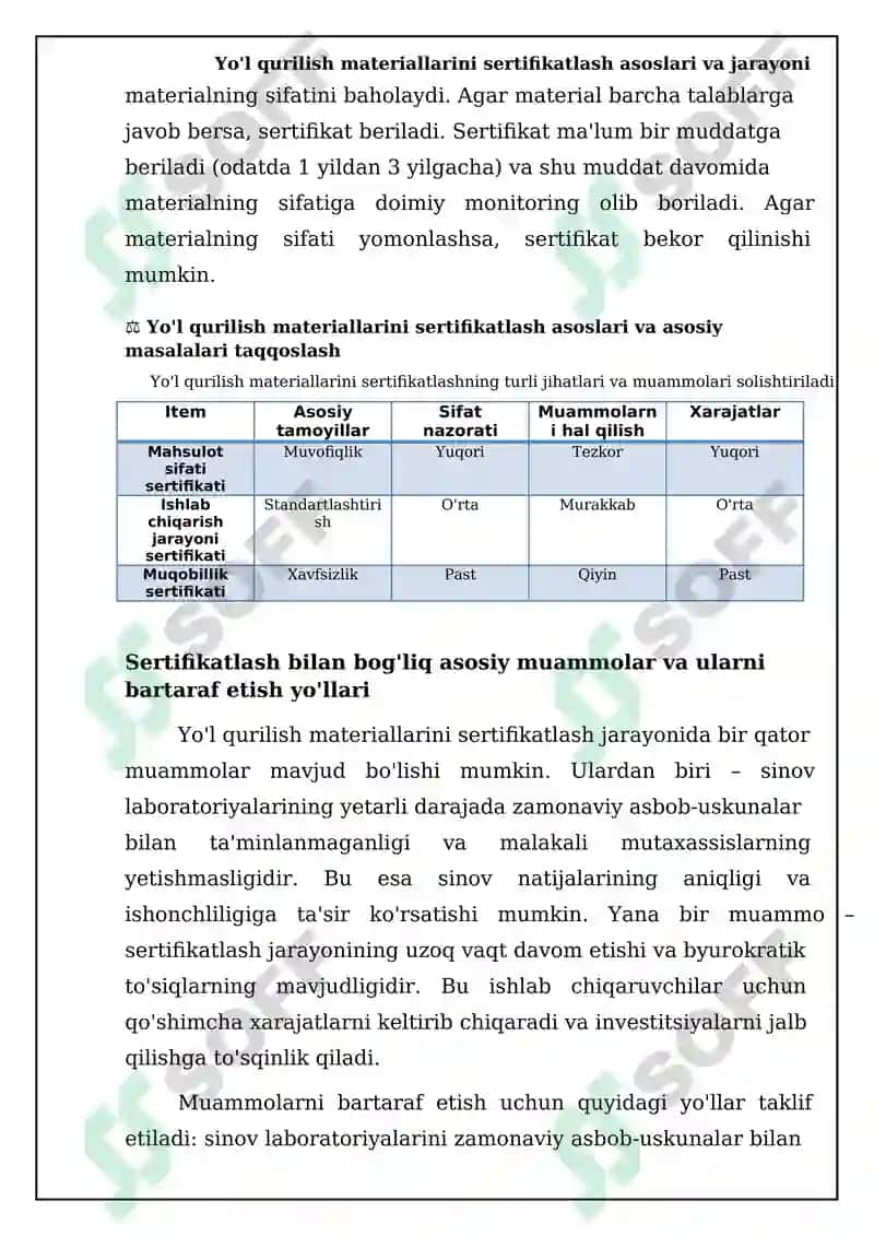 Yo'l qurilish materiallarini sertifikatlashtirishning tamoyillari va asosiy masalalari 7