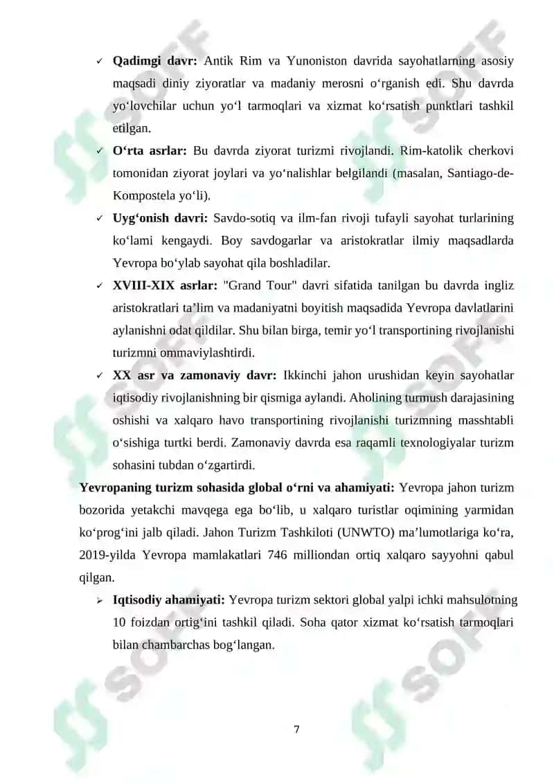 “YEVROPA TURIZMNING RIVOJLANISHI” mavzusida tayyorlangan KURS ISHI 7