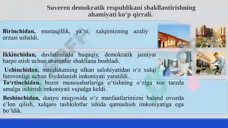 Mustaqil O‘zbekiston Respublikasi tashkil topishining tarixiy ahamiyati. O‘zbekistonda demokratik, fuqarolik jamiyati asoslarining shakllanishi, amalga oshirilgan siyosiy islohotlar 7
