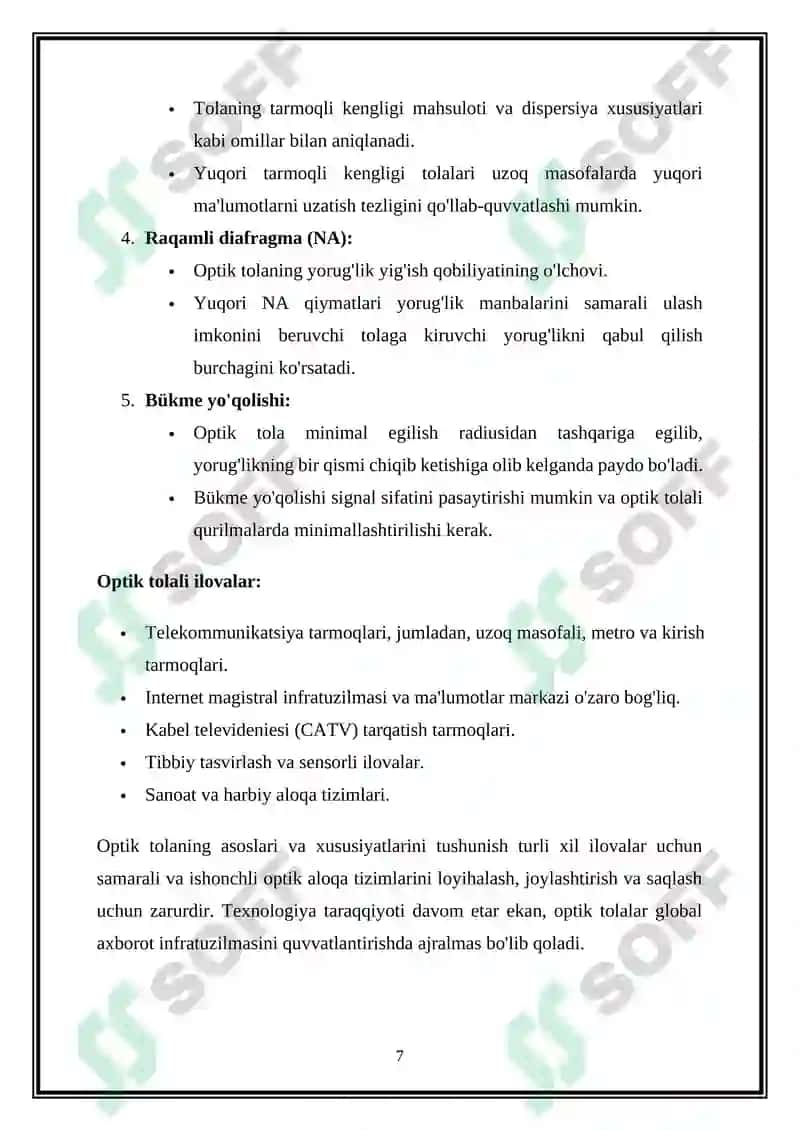 Magistral va regional tarmoqlarda qoʻllaniladigan raqamli optik uzatish tizimlari 7