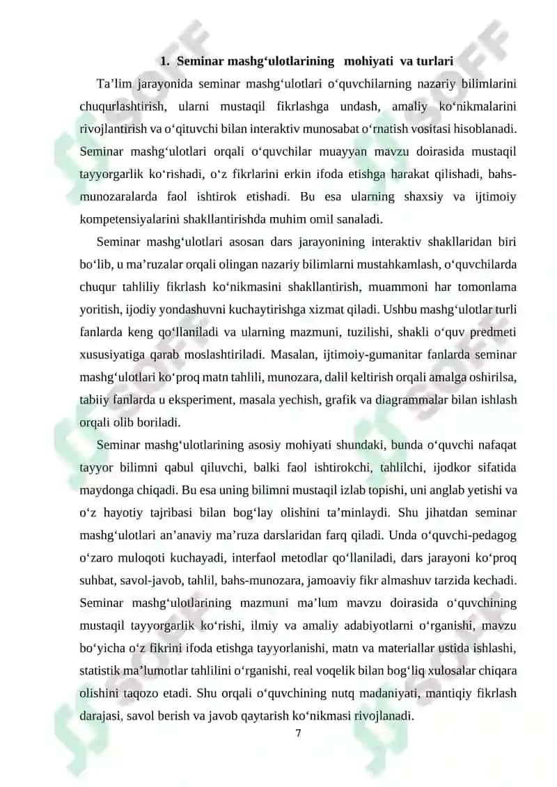 Seminar va amaliy- tajriba  ishlar shaklidagi mashgʻulotlar 7