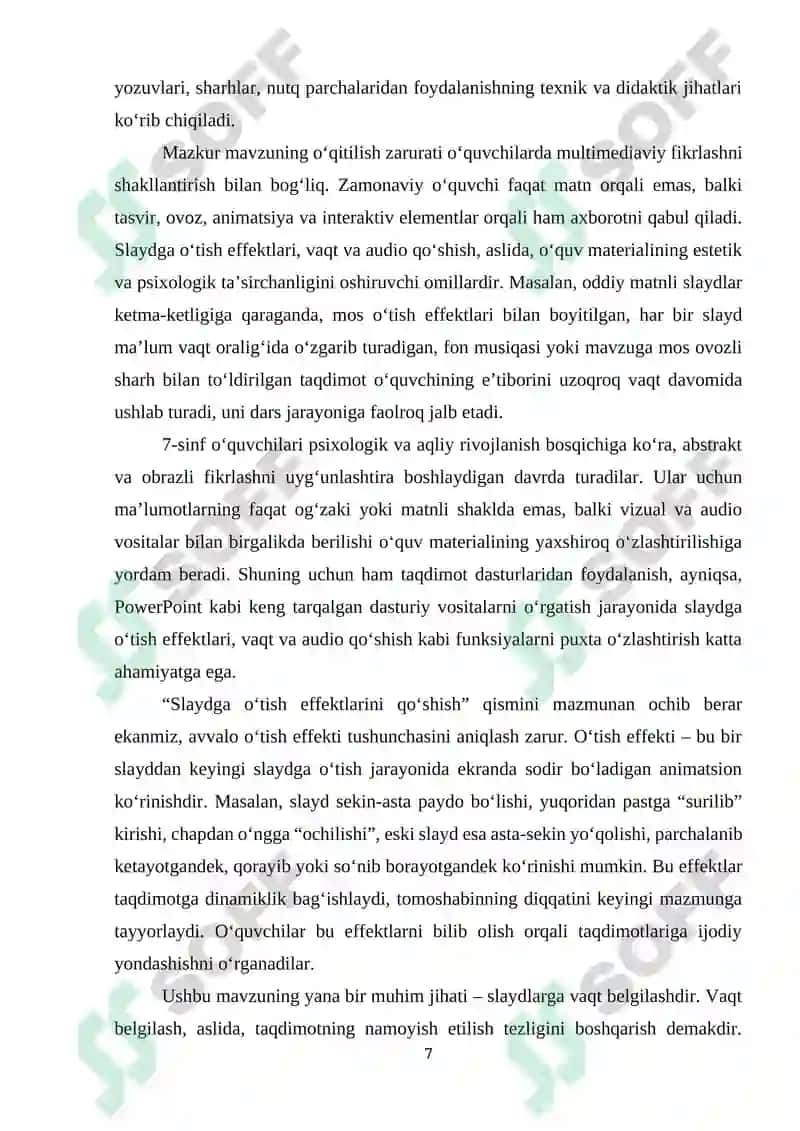 Umumiy orta talim maktablarining 7-sinfida Informatika va AT fanidan “Slaydga o‘tish effektlarini qo‘shish. Slaydlarga vaqt va audio qo‘shish” mavzusini o‘qitishda interfaol metodlardan foydalanish 7