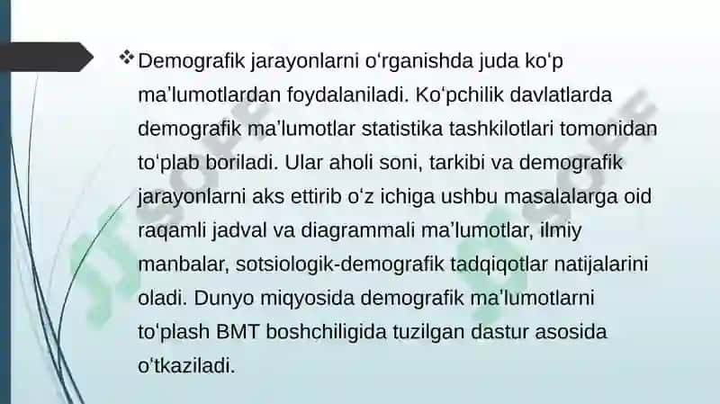 Aholi orasida demografik jarayon va demografik ko’rsatkichlarni hisoblash usullari 7