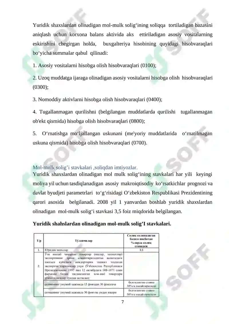 Mol mulk va mulkiy daromadlarga soliq solish.Tadbirkorlik subyektlarini soliqqa tortish mexanizmi. 7