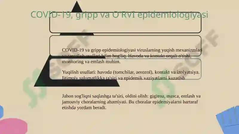 Nafas yo'li infeksiyalarining epidemiologiyasi, profilaktikasi va epidemiyaga qarshi chora-tadbirlarni tashkillashtirish: difteriya, qizamiq, ko'kyo'tal, tepki, skarlatina, meningokokk infektsiyasi, COVID-19, gripp va O'RVI 7