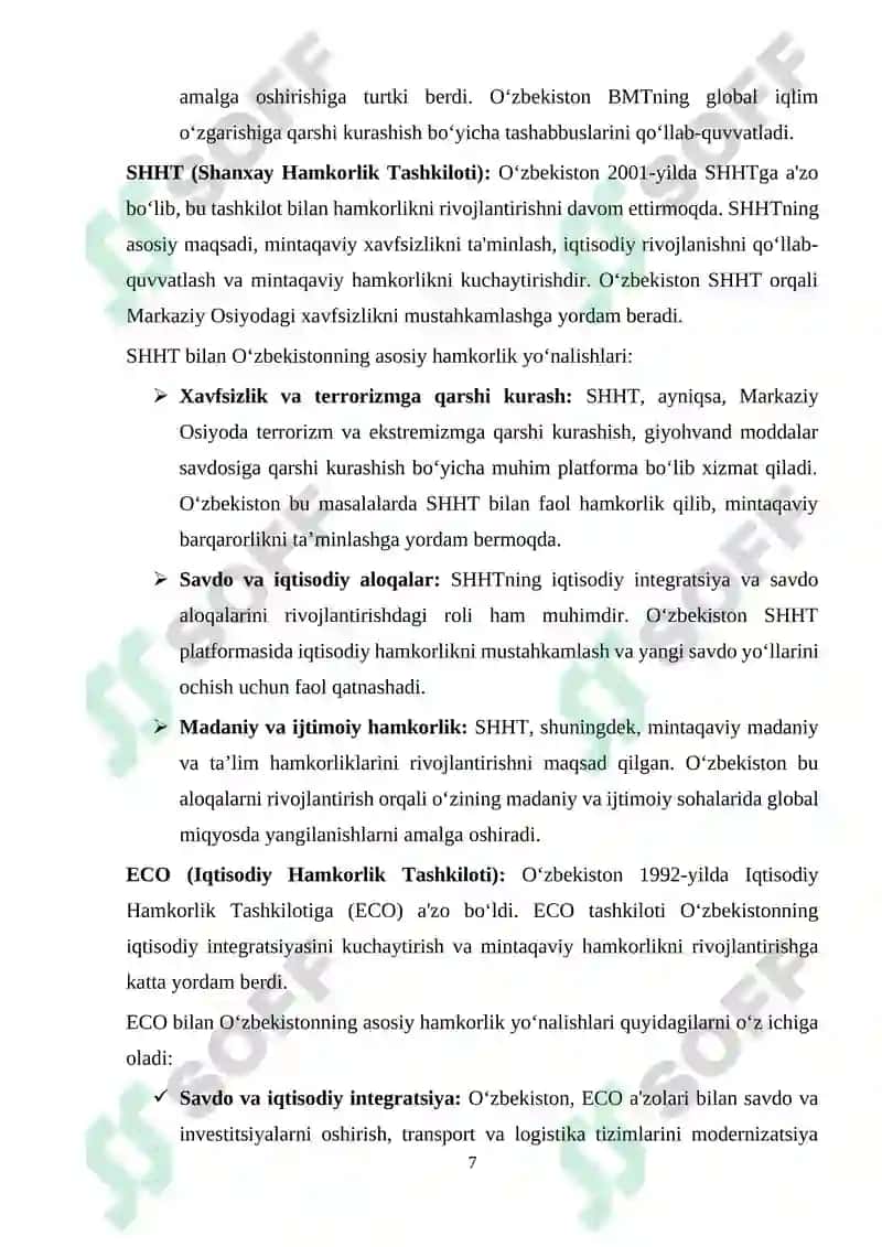 O‘zbekistonnning xalqaro tashkilotlar bilan hamkorlik aloqalari 7
