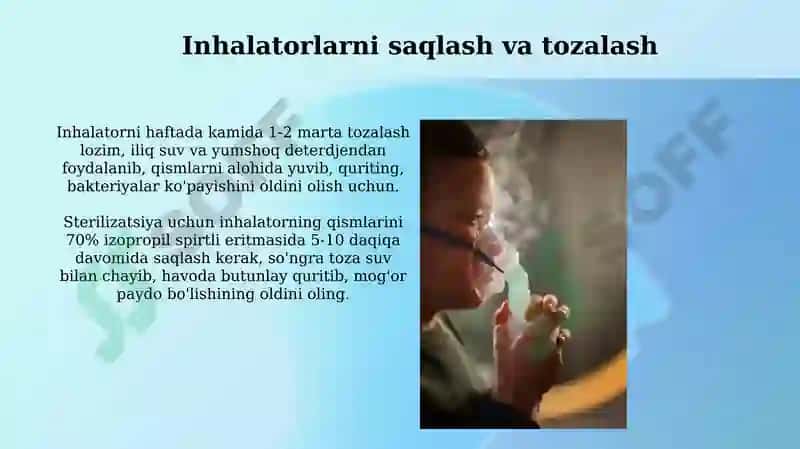 Nafas olish kasalliklari Cho'ntak ingalyatoridan foydalanish Balg'am yig'ish Tufdon dezinfeksiyasi 7
