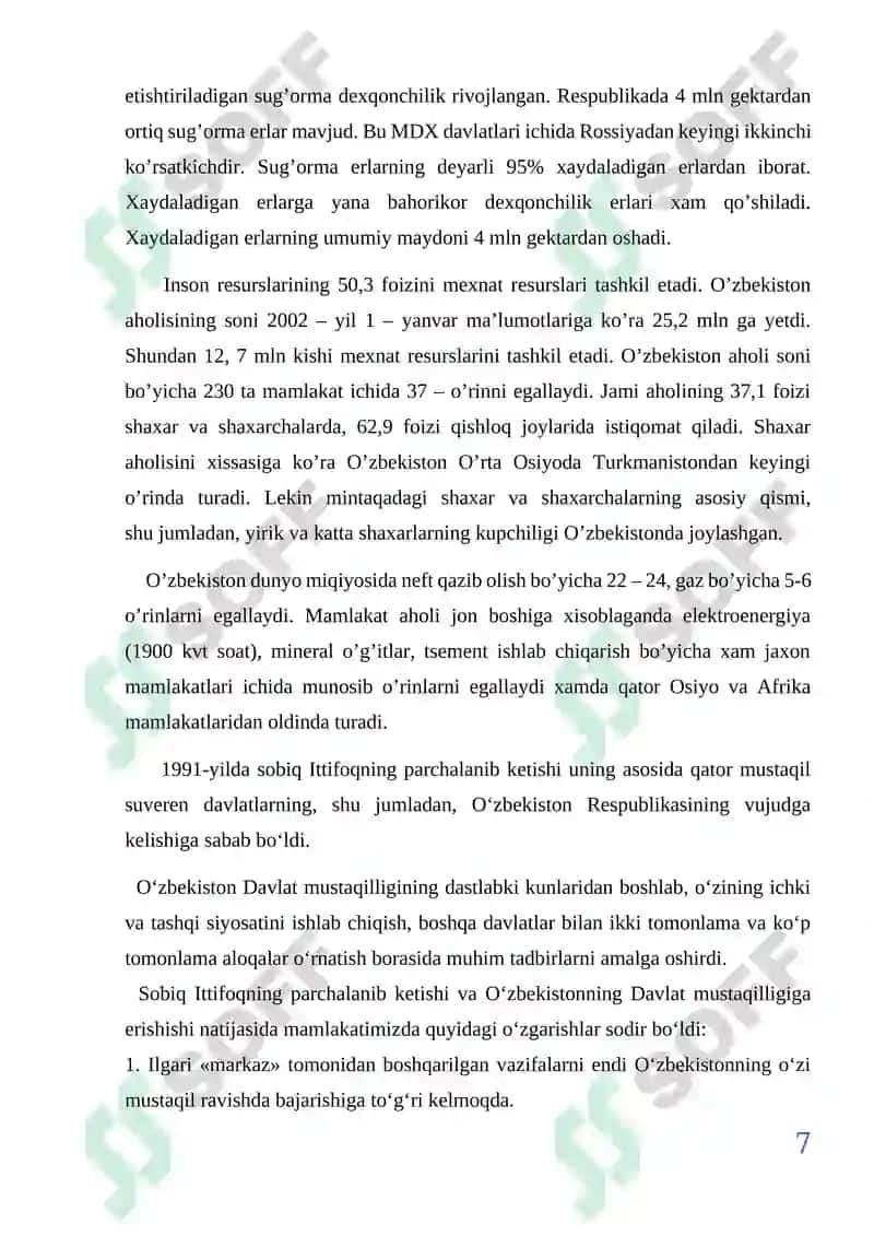 O’zbekistonning dunyo siyosiy xaritasida tutgan o’rni va roli kurs ishi 7