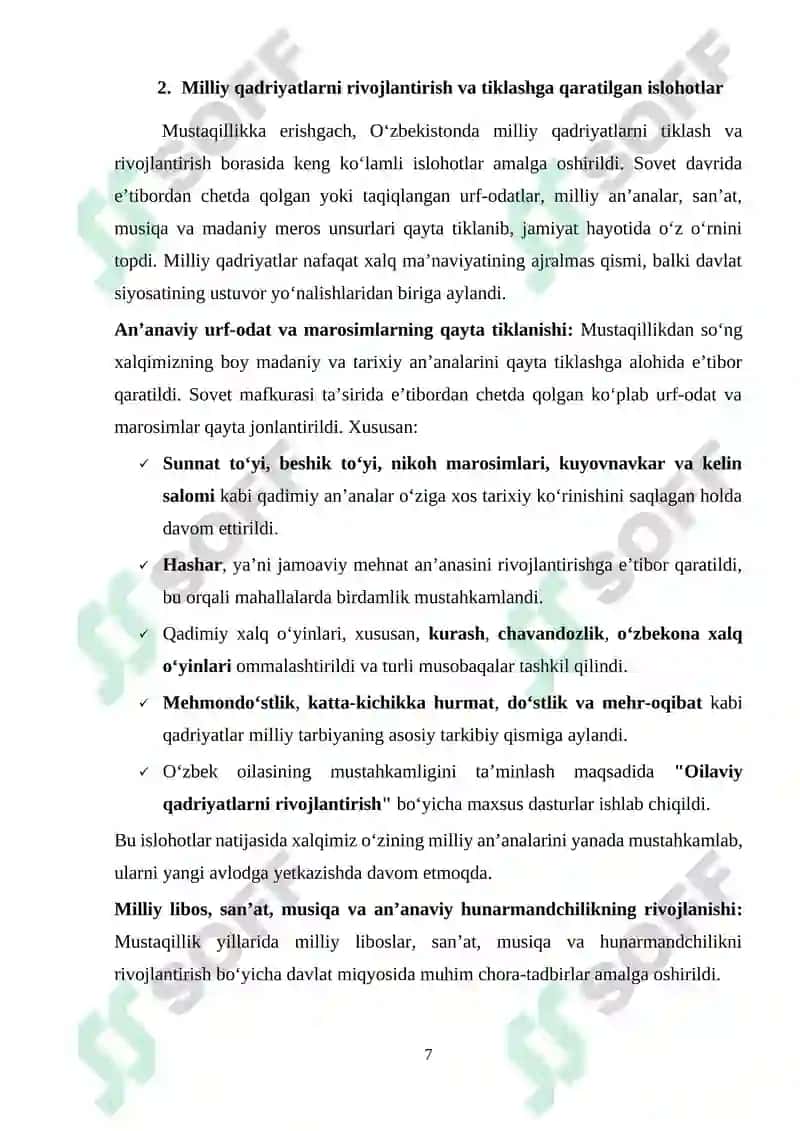 Mustaqillik yillarida ajdodlar merosi va milliy qadriyatlarni tiklash borasidagi amalga oshirilgan islohotlar 7