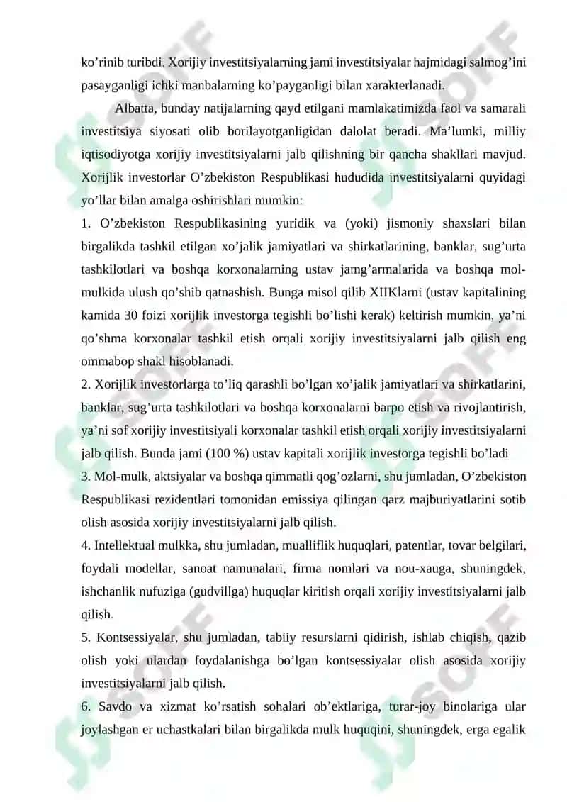 MILLIY IQTISODIYOTGA XORIJIY INVESTITSIYALARNI JALB QILISH TURLARI VA SHAKLLARI 7