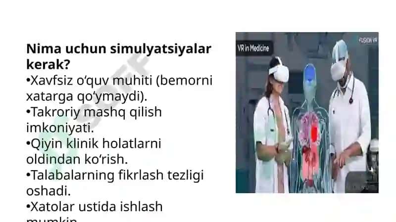 Sun’iy intellekt yordamida ta’lim maqsadlarida talabalarnivirtual o‘qitishda simulyatsiyalar yaratish orqali diagnostikko‘nikmalarni o‘rgatish va klinik qarorlar qabul qilishi. 7