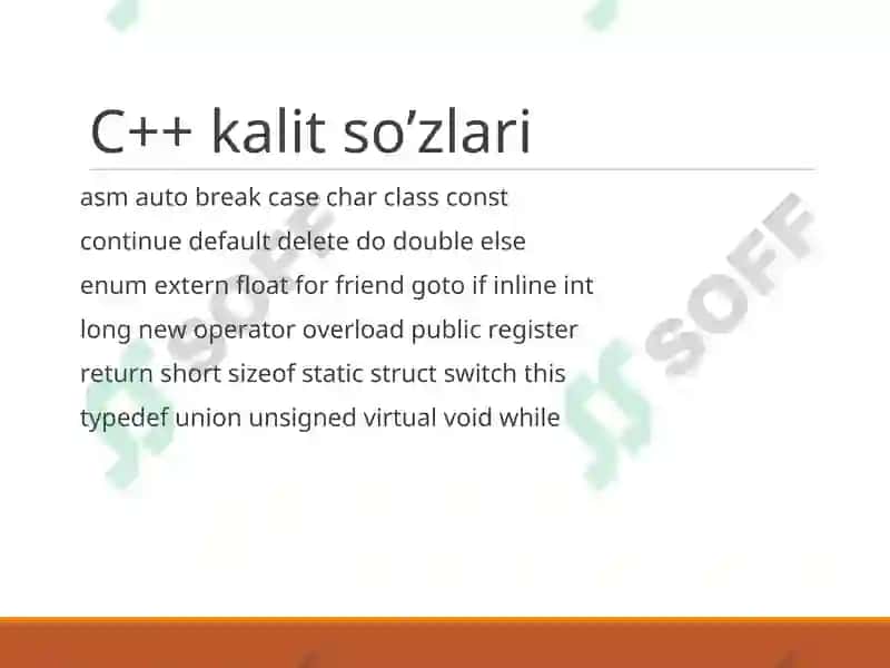 C++ tili sintaksisi va uning leksik asosi. C++ tili dasturining tuzilishi va shakli. 7