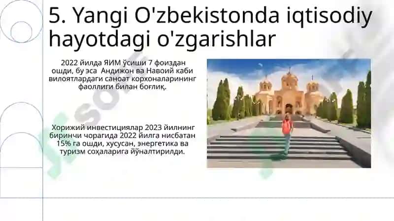 Yangi Ózbekiston ijtimoiy siyosiy iqtisodiy va madaniy hayotida rol berayotgan ózgarishlar 7