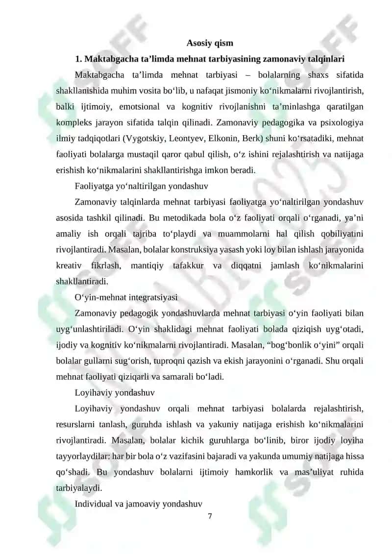 Maktabgacha ta`lim tashkilotlarida ta`lim-tarbiya jarayonini tashkil etishda mehnat tarbiyasining o`rni 7