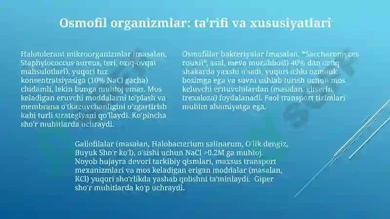 Halofillar, osmofilalar va galoterant mikroorganizmlar 7