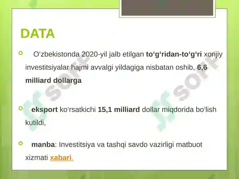 Xorijiy investitsiyalar va ularning O'zbekistonda jalb qilinishi 7