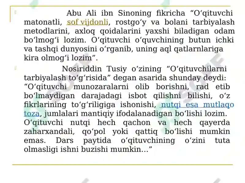 Oʻqituvchi kasbining tarixiy taraqqiyoti va uning jamiyatda tutgan oʻrni. Pedagogik fikr tarixi va maktab amaliyotida oʻqituvchi mahorati masalalari 7