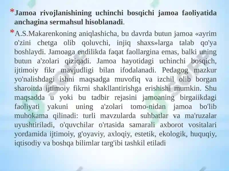 Jamoa tarbiya ob’yekti va sub’ekti sifatida.Tarbiyaningumumiymetodlari.Fuqarolik tarbiyasi. Mafkuraviy tarbiya 7